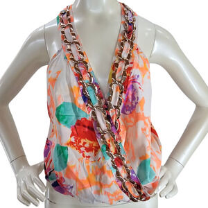 Bebe Blouse Womens Size Small Multicolor Floral Sleeveless Wrap Top Embellished